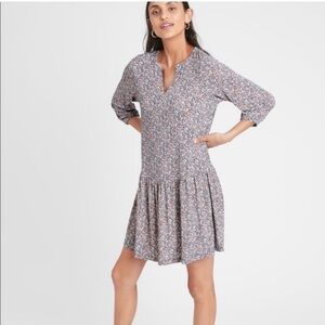 Banana Republic Dress Women's Medium Pink/Blue Bird-eye Flounce-Hem Shift Dress
